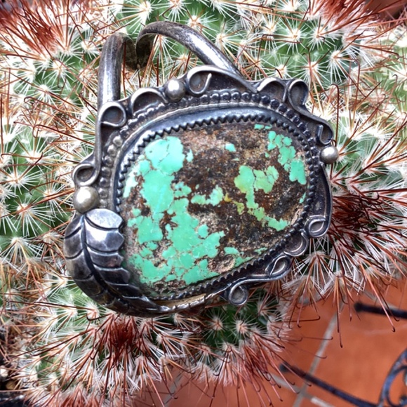 Vintage Native American Sterling Silver Old Pawn Turquoise Cuff - Picture 2 of 16